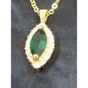 Vintage Womens Necklace Oval Pendant Football Shape 18 Inch Green & Clear Stones